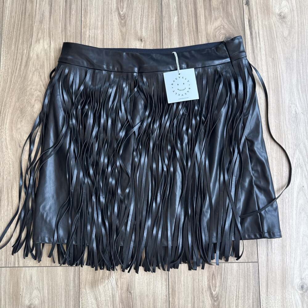 Barvely Black Faux Leather Fringe Mini Skirt Women's Size L Boho Western Punk